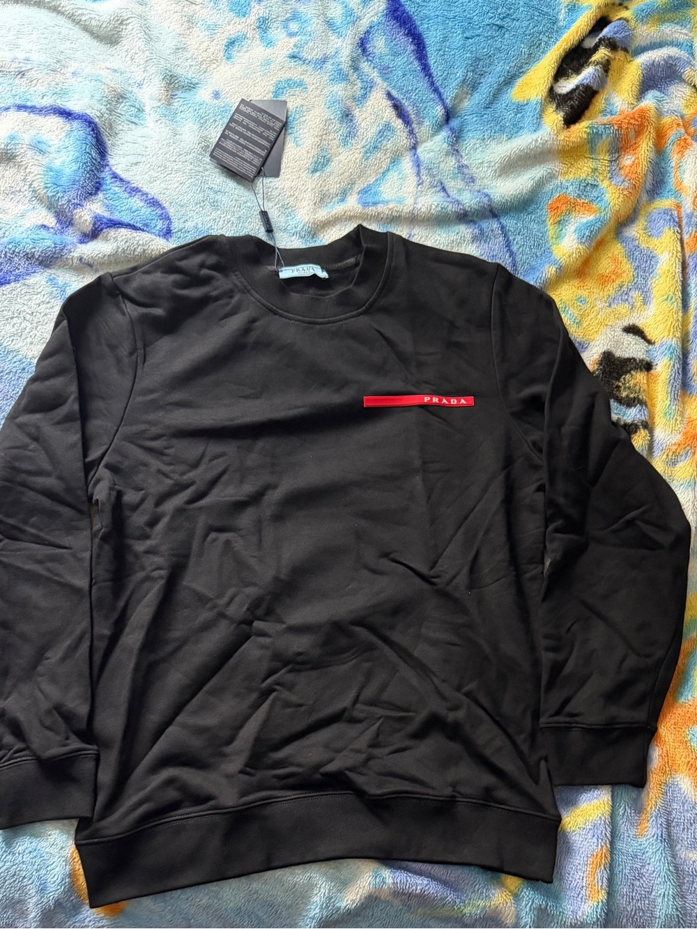 Prada Black Crewneck Sweatshirt with Red Logo Stripe